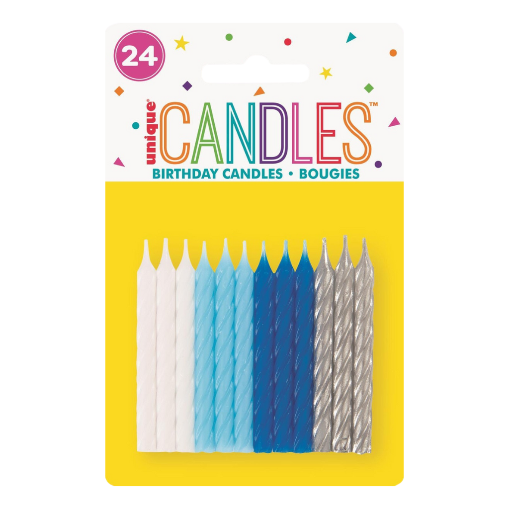 Mini Spiral Candles Blue & Silver (24pk)