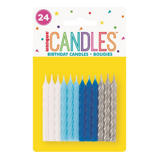 Mini Spiral Candles Blue & Silver (24pk)