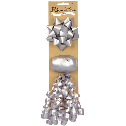 Gift Bow & Ribbon - Silver (3pk) 