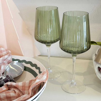 Gala Green Ribbed Wine Glasses - Set Of 2