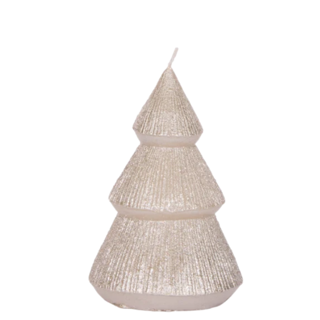 Holly & Ivy Champagne Ribbed Tree Candle – 11cm